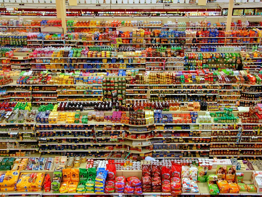 stocked shelves of a grocery store