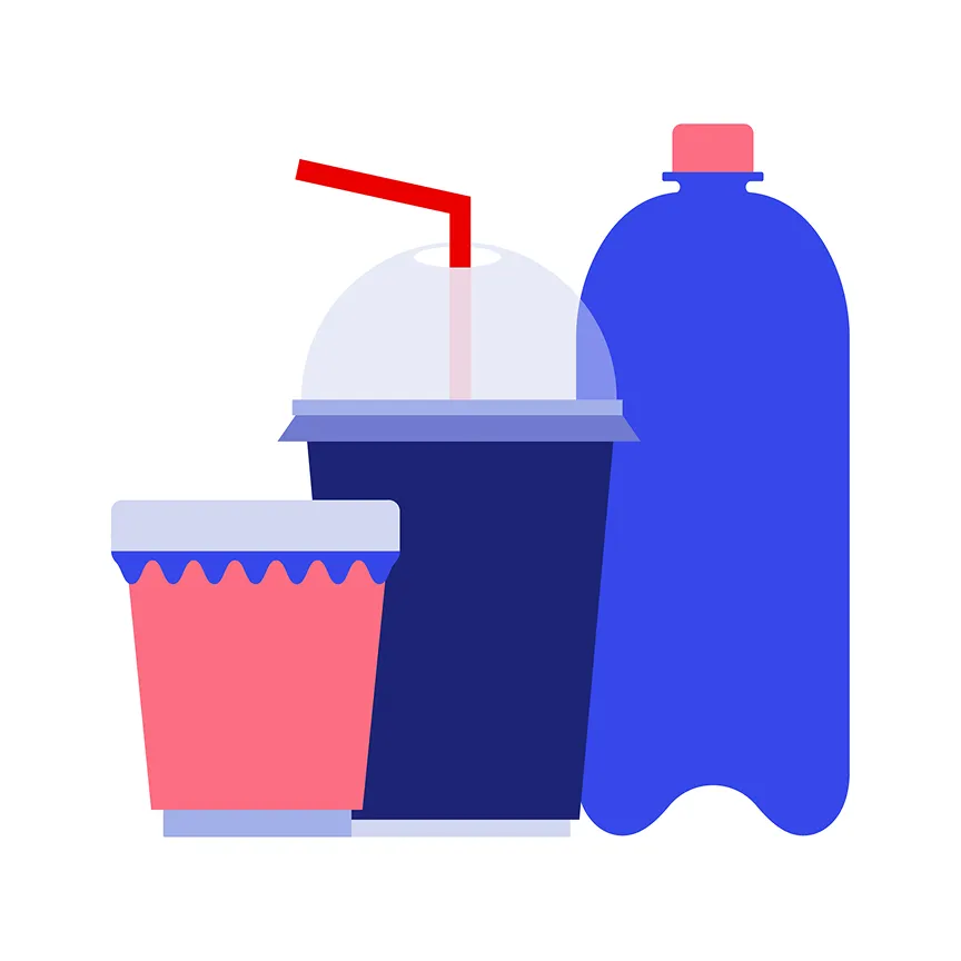 Three beverage containers: a small coffee cup with a lid, a large soft drink cup with a domed lid and red straw, and a tall plastic bottle with a cap.