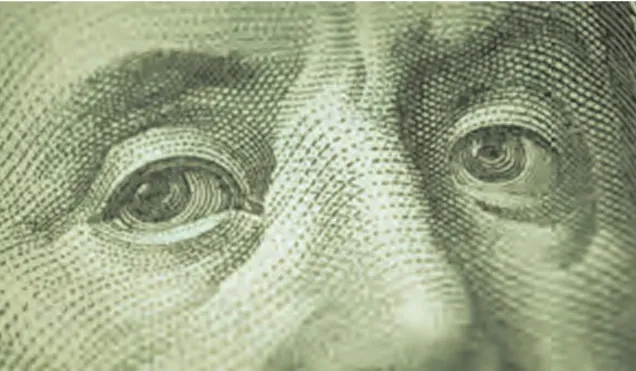 Close-up of Benjamin Franklin's eyes from the U.S. hundred-dollar bill engraving