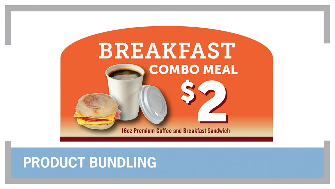 Advertisement reads "Breakfast Combo Meal $2." Below it says "16oz Premium Coffee and Breakfast Sandwich." An image shows a breakfast sandwich with egg, cheese, and meat on an English muffin next to a cup of coffee with a lid. Label below the advertisement reads "Product Bundling."