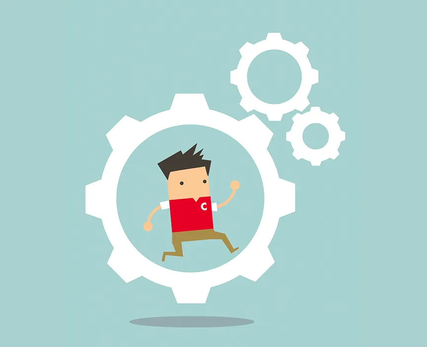 Illustration of a cartoon character wearing a C-store uniform running inside a large white gear. The gear is interlocked with two smaller gears, showing that the employee is providing energy to power the system.