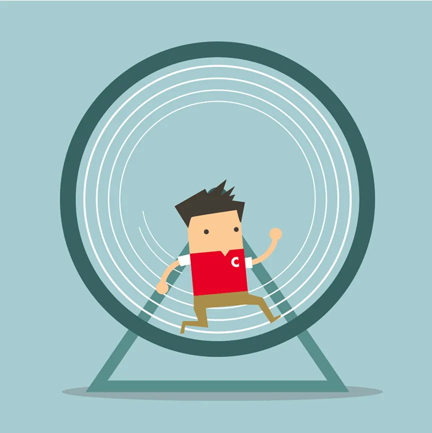 Cartoon of a C-store employee running inside a large hamster wheel