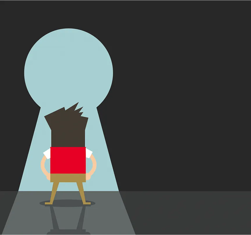 Illustration of a C-store employee surrounded by a dark background, facing outward through a large keyhole-shaped light beam