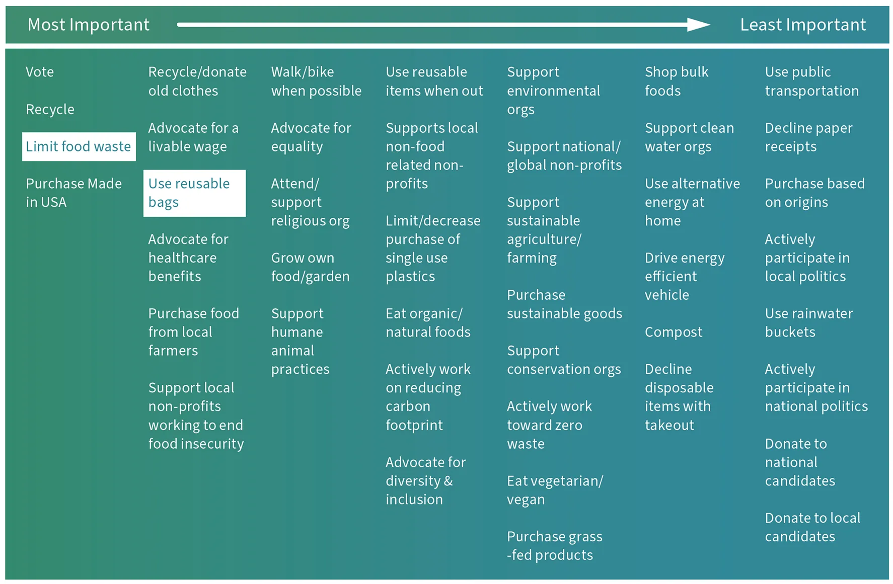 Gradient chart ranking personal sustainability and advocacy actions from “Most Important” to “Least Important” to consumers. Most important actions include: vote, recycle, limit food waste, purchase Made in USA, recycle or donate old clothes, advocate for a livable wage, use reusable bags, advocate for healthcare benefits, purchase food from local farmers, support local non-profits working to end food insecurity, walk or bike when possible, advocate for equality, attend or support religious organizations, grow own food or garden, and support humane animal practices. Mid-importance actions include: use reusable items when out, support local non-food-related non-profits, limit or decrease purchase of single-use plastics, eat organic or natural foods, actively work on reducing carbon footprint, advocate for diversity and inclusion, support environmental organizations, support national or global non-profits, support sustainable agriculture or farming, purchase sustainable goods, support conservation organizations, actively work toward zero waste, and eat vegetarian or vegan. Least important actions include: shop bulk foods, support clean water organizations, use alternative energy at home, drive energy efficient vehicle, compost, decline disposable items with takeout, use public transportation, decline paper receipts, purchase based on origins, actively participate in local or national politics, use rainwater buckets, donate to national or local candidates.