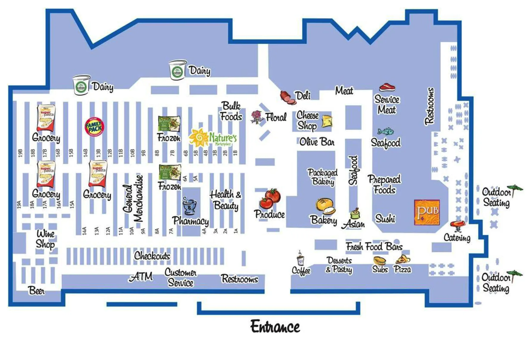  Illustrated floor map of Wegmans in Roanoke, VA. The store layout divides into two main zones: the right side features high-end, experience-focused areas including the Pub, catering, coffee, desserts and pastry, subs, pizza, sushi, prepared foods, fresh food bars, service meat, seafood, deli, cheese shop, and floral. Outdoor seating areas are located near the food court zone. The left side represents the price-sensitive, center store area, including wine shop, beer, general merchandise, grocery aisles (1A–19B), frozen, pharmacy, and health & beauty. Checkouts, ATM, customer service, and restrooms are along the bottom wall near the entrance. Dairy sections are positioned across the back wall. The layout clearly separates immersive food experiences from traditional grocery sections.