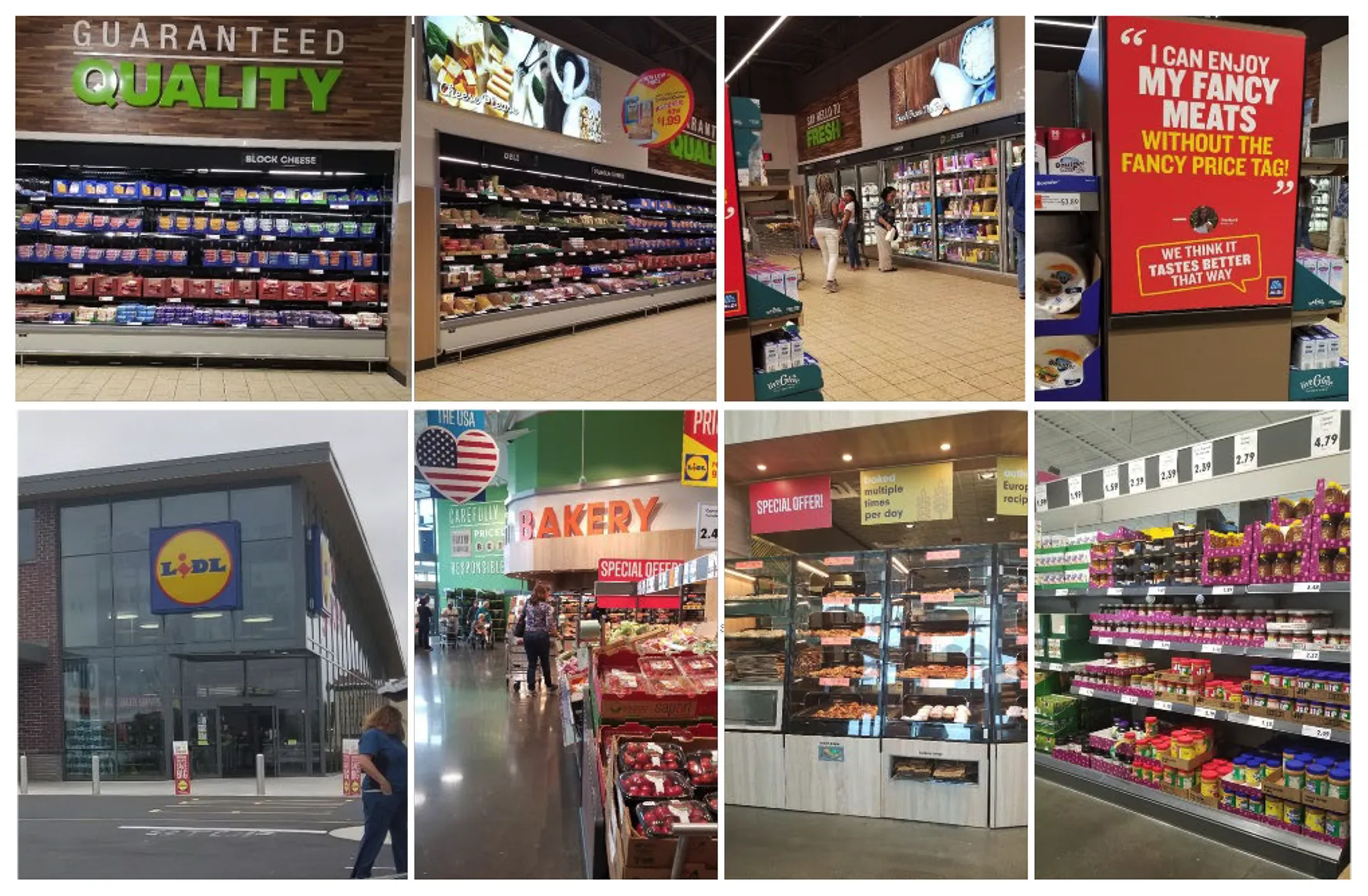 Collage of eight photos showing interior and exterior scenes from Lidl and Aldi stores. Top row features Aldi: a cheese section under a “GUARANTEED QUALITY” sign, a deli section, shoppers browsing refrigerated items, and a sign promoting affordable meats reading “I can enjoy my fancy meats without the fancy price tag!” Bottom row features Lidl: the store exterior with the Lidl logo, an interior produce and bakery section under signage including “BAKERY” and “SPECIAL OFFER!”, a baked goods display with signs reading “baked multiple times per day,” and a grocery aisle with shelves of packaged goods and clearly labeled prices.