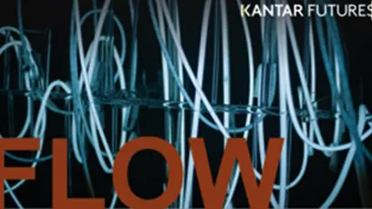 The word "FLOW" over a background of looping wires or fiber optic cables.