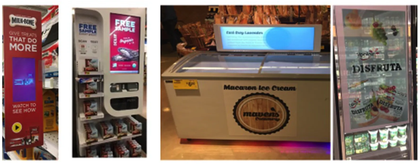 Four examples of in-store digital touch screens. From left to right: 1) A vertical red Milk-Bone display with a built-in screen playing promotional content. 2) A sample vending station with a touchscreen interface offering free samples and product information. 3) A freezer case labeled “Macaron Ice Cream” with a digital screen on top displaying flavor descriptions and details. 4) A transparent LED screen on a refrigerated door showing dynamic promotional media for fruit yogurt brand Disfruta, with products visible behind the display.