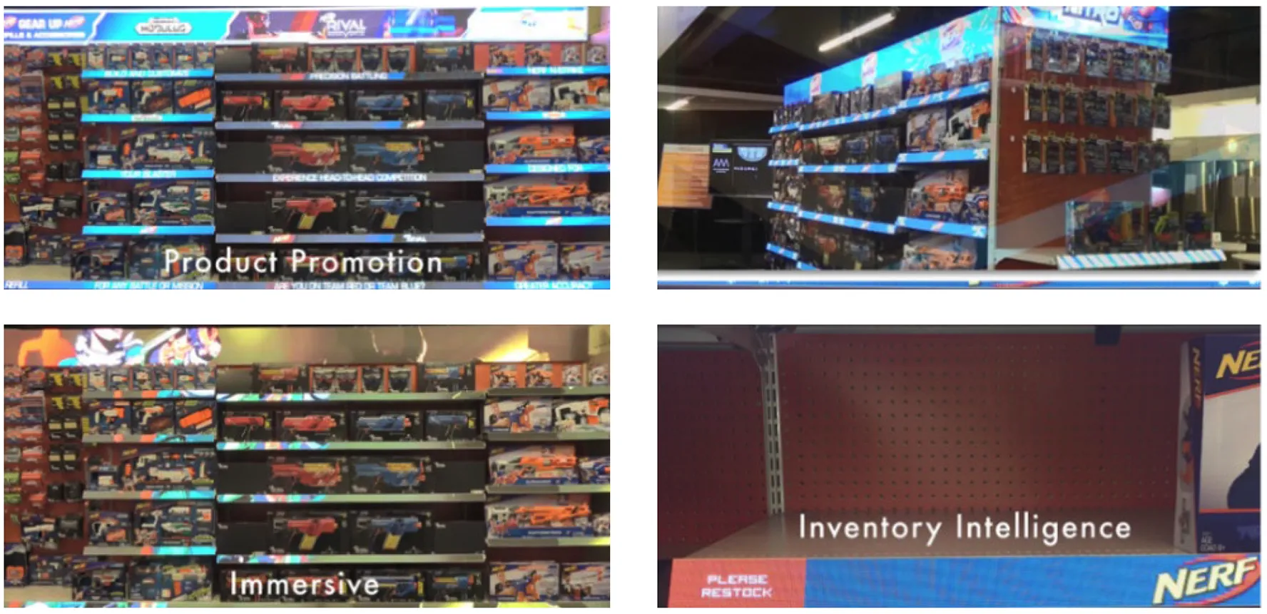 Four images demonstrating the AWM Smart Shelf system in a toy retail setting. Top-left image shows shelves promoting Nerf products with dynamic digital content. Top-right displays another shelf with similar items and interactive signage. Bottom-left highlights an immersive experience with vibrant visual projections enhancing product appeal. Bottom-right shows an empty shelf with a digital prompt reading “PLEASE RESTOCK,” demonstrating the system's inventory intelligence.
