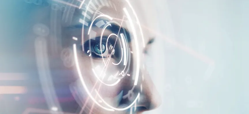 Futuristic close-up of a woman's eye with transparent digital interface overlays.